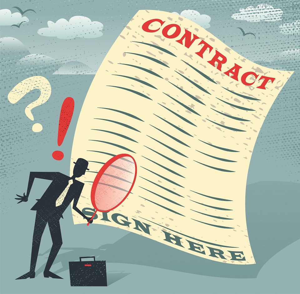 Abstract Businessman inspects the contract. Abstract Business is very careful to check the fine print of his business contract with a huge magnifying glass.